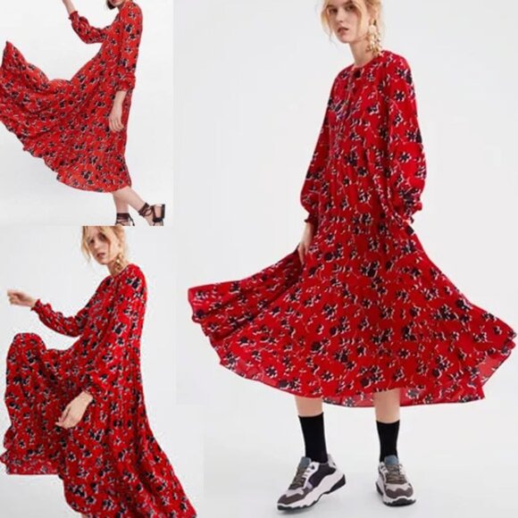 ZARA Angel Floral Tiered Midi Maxi Dress S Red Blogger Favorite Colorful Flowy - Picture 1 of 16